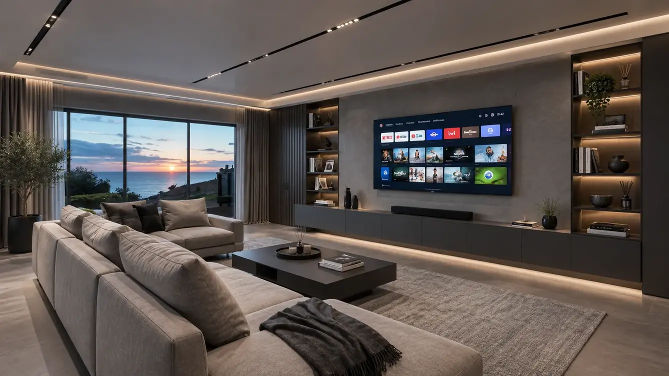 Televisor e TV box integrados numa sala contemporânea